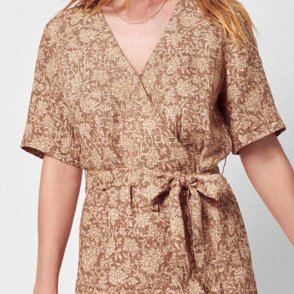 FAHERTY Ashley Tie Waist Linen Dress Floral Terracotta XS